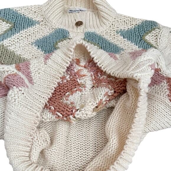 Vtg Hand Knit Chevron Sweater Cream Pastel Y2K Cable Knit Button Collar Grandma - Picture 6 of 9